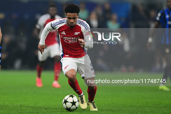 Ethan Nwaneri of Arsenal is in action during the Champions League match between Inter Milan and Arsenal at San Siro Stadium in Milan, Italy,...