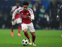 Ethan Nwaneri of Arsenal is in action during the Champions League match between Inter Milan and Arsenal at San Siro Stadium in Milan, Italy,...