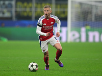 Oleksandr Zinchenko of Arsenal is in action during the Champions League match between Inter Milan and Arsenal at San Siro Stadium in Milan,...