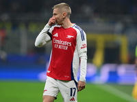 Oleksandr Zinchenko of Arsenal is in action during the Champions League match between Inter Milan and Arsenal at San Siro Stadium in Milan,...