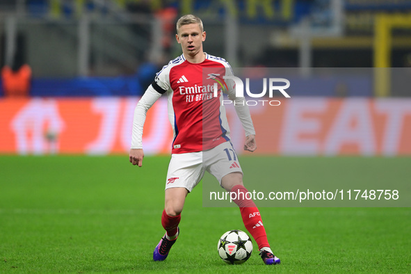 Oleksandr Zinchenko of Arsenal is in action during the Champions League match between Inter Milan and Arsenal at San Siro Stadium in Milan,...