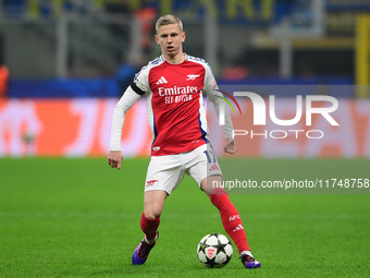 Oleksandr Zinchenko of Arsenal is in action during the Champions League match between Inter Milan and Arsenal at San Siro Stadium in Milan,...