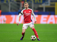 Oleksandr Zinchenko of Arsenal is in action during the Champions League match between Inter Milan and Arsenal at San Siro Stadium in Milan,...