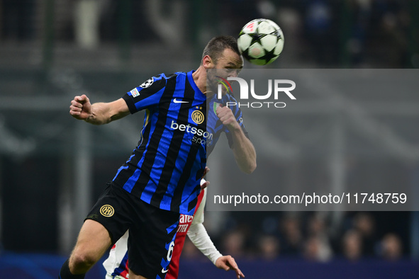 Stefan de Vrij of Inter Milan is in action during the Champions League match between Inter Milan and Arsenal at San Siro Stadium in Milan, I...