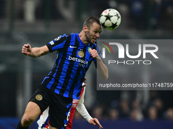 Stefan de Vrij of Inter Milan is in action during the Champions League match between Inter Milan and Arsenal at San Siro Stadium in Milan, I...