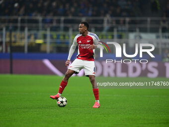 Gabriel Magalhaes of Arsenal is in action during the Champions League match between Inter Milan and Arsenal at San Siro Stadium in Milan, It...