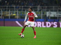 Gabriel Magalhaes of Arsenal is in action during the Champions League match between Inter Milan and Arsenal at San Siro Stadium in Milan, It...