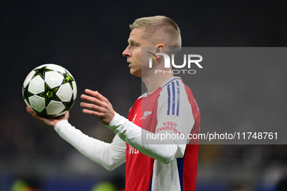 Oleksandr Zinchenko plays during the Champions League match between Inter Milan and Arsenal at San Siro Stadium in Milan, Italy, on November...