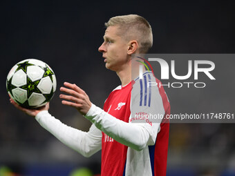 Oleksandr Zinchenko plays during the Champions League match between Inter Milan and Arsenal at San Siro Stadium in Milan, Italy, on November...