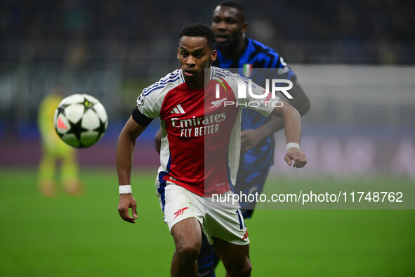 Jurrien Timber of Arsenal is in action during the Champions League match between Inter Milan and Arsenal at San Siro Stadium in Milan, Italy...