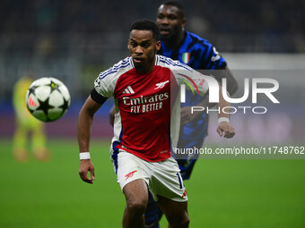 Jurrien Timber of Arsenal is in action during the Champions League match between Inter Milan and Arsenal at San Siro Stadium in Milan, Italy...