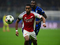 Jurrien Timber of Arsenal is in action during the Champions League match between Inter Milan and Arsenal at San Siro Stadium in Milan, Italy...