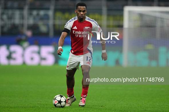 Jurrien Timber plays during the Champions League match between Inter Milan and Arsenal at San Siro Stadium in Milan, Italy, on November 6, 2...