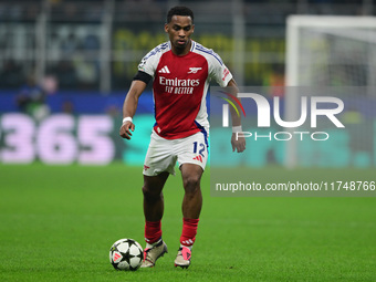 Jurrien Timber plays during the Champions League match between Inter Milan and Arsenal at San Siro Stadium in Milan, Italy, on November 6, 2...