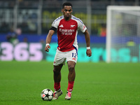 Jurrien Timber plays during the Champions League match between Inter Milan and Arsenal at San Siro Stadium in Milan, Italy, on November 6, 2...