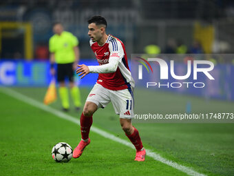 Gabriel Martinelli of Arsenal is in action during the Champions League match between Inter Milan and Arsenal at San Siro Stadium in Milan, I...