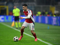 Gabriel Martinelli of Arsenal is in action during the Champions League match between Inter Milan and Arsenal at San Siro Stadium in Milan, I...