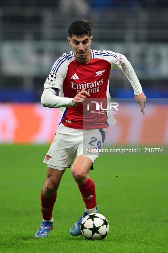 Kai Havertz of Arsenal is in action during the Champions League match between Inter Milan and Arsenal at San Siro Stadium in Milan, Italy, o...