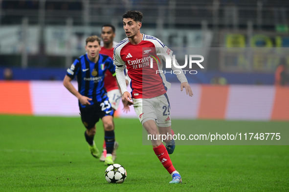 Kai Havertz of Arsenal is in action during the Champions League match between Inter Milan and Arsenal at San Siro Stadium in Milan, Italy, o...