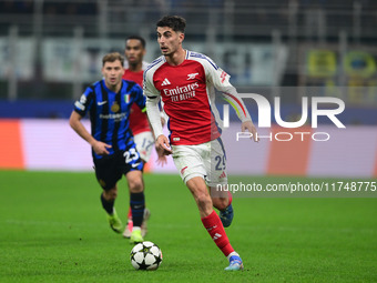 Kai Havertz of Arsenal is in action during the Champions League match between Inter Milan and Arsenal at San Siro Stadium in Milan, Italy, o...