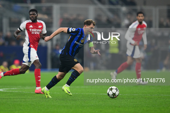 Nicolo Barella of Inter Milan is in action during the Champions League match between Inter Milan and Arsenal at San Siro Stadium in Milan, I...