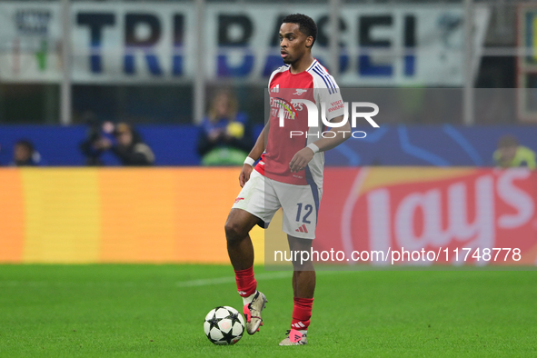 Jurrien Timber of Arsenal is in action during the Champions League match between Inter Milan and Arsenal at San Siro Stadium in Milan, Italy...