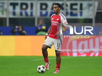 Jurrien Timber of Arsenal is in action during the Champions League match between Inter Milan and Arsenal at San Siro Stadium in Milan, Italy...