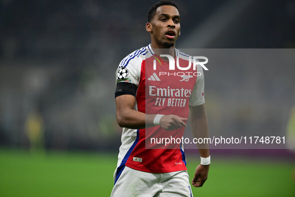 Jurrien Timber of Arsenal looks on during the Champions League match between Inter Milan and Arsenal at San Siro Stadium in Milan, Italy, on...