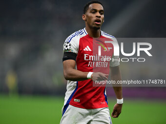 Jurrien Timber of Arsenal looks on during the Champions League match between Inter Milan and Arsenal at San Siro Stadium in Milan, Italy, on...