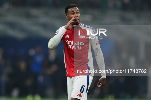 Gabriel Magalhaes of Arsenal looks on during the Champions League match between Inter Milan and Arsenal at San Siro Stadium in Milan, Italy,...