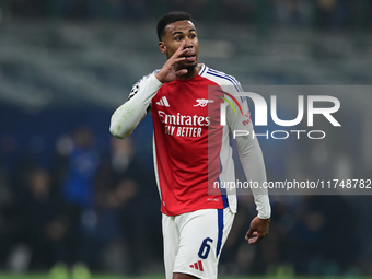 Gabriel Magalhaes of Arsenal looks on during the Champions League match between Inter Milan and Arsenal at San Siro Stadium in Milan, Italy,...