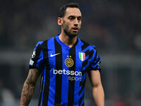 Hakan Calhanoglu of Inter Milan looks on during the Champions League match between Inter Milan and Arsenal at San Siro Stadium in Milan, Ita...