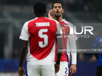 William Saliba looks on during the Champions League match between Inter Milan and Arsenal at San Siro Stadium in Milan, Italy, on November 6...