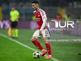 Gabriel Martinelli of Arsenal is in action during the Champions League match between Inter Milan and Arsenal at San Siro Stadium in Milan, I...