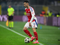 Gabriel Martinelli of Arsenal is in action during the Champions League match between Inter Milan and Arsenal at San Siro Stadium in Milan, I...