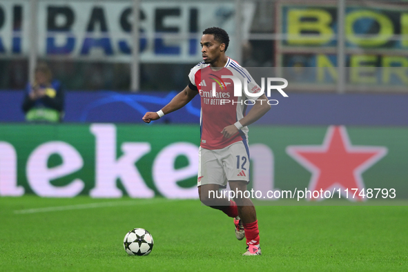 Jurrien Timber of Arsenal is in action during the Champions League match between Inter Milan and Arsenal at San Siro Stadium in Milan, Italy...