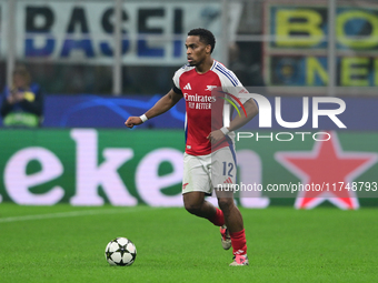 Jurrien Timber of Arsenal is in action during the Champions League match between Inter Milan and Arsenal at San Siro Stadium in Milan, Italy...