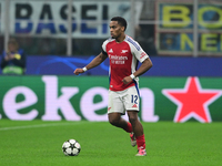 Jurrien Timber of Arsenal is in action during the Champions League match between Inter Milan and Arsenal at San Siro Stadium in Milan, Italy...