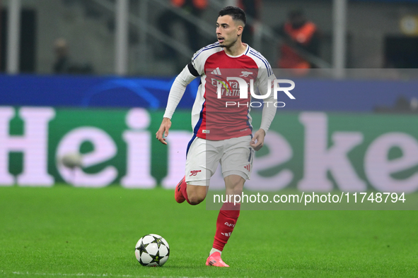 Gabriel Martinelli plays during the Champions League match between Inter Milan and Arsenal at San Siro Stadium in Milan, Italy, on November...