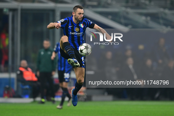 Stefan de Vrij of Inter Milan is in action during the Champions League match between Inter Milan and Arsenal at San Siro Stadium in Milan, I...