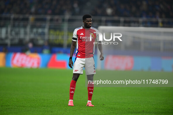 Thomas Partey of Arsenal looks on during the Champions League match between Inter Milan and Arsenal at San Siro Stadium in Milan, Italy, on...