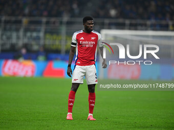 Thomas Partey of Arsenal looks on during the Champions League match between Inter Milan and Arsenal at San Siro Stadium in Milan, Italy, on...