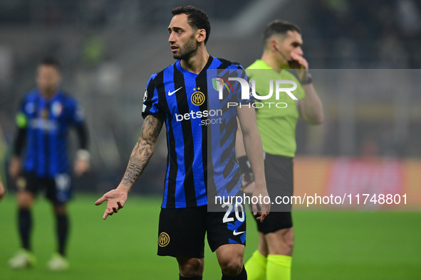 Hakan Calhanoglu of Inter Milan looks on during the Champions League match between Inter Milan and Arsenal at San Siro Stadium in Milan, Ita...