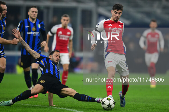 Kai Havertz of Arsenal is in action during the Champions League match between Inter Milan and Arsenal at San Siro Stadium in Bergamo, Italy,...