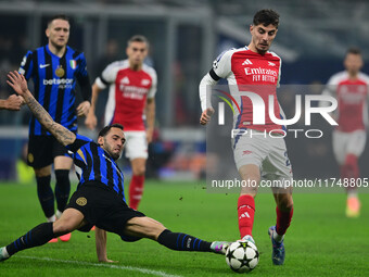 Kai Havertz of Arsenal is in action during the Champions League match between Inter Milan and Arsenal at San Siro Stadium in Bergamo, Italy,...