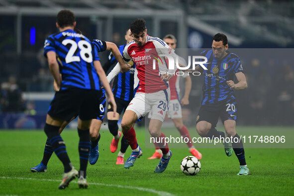 Kai Havertz of Arsenal is in action during the Champions League match between Inter Milan and Arsenal at San Siro Stadium in Bergamo, Italy,...