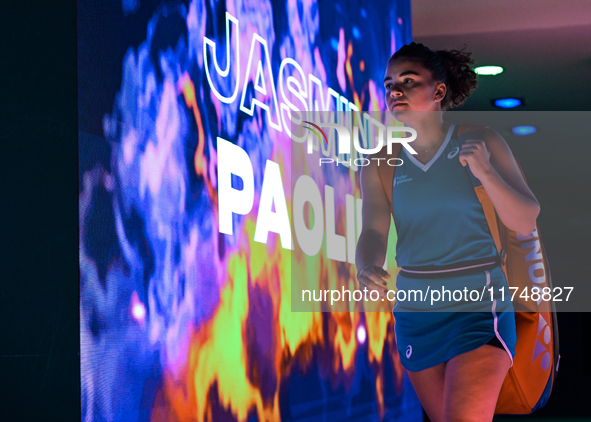 RIYADH, SAUDI ARABIA - NOVEMBER 06: Jasmine Paolini of Italy arrives ahead her match against Quinwen Zheng of China, on Day 5 of the 2024 WT...