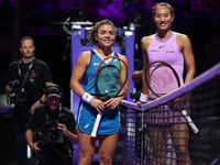 RIYADH, SAUDI ARABIA - NOVEMBER 06: Jasmine Paolini (L) of Italy and Quinwen Zheng (R) of China pose for a picture ahead of their match, on...