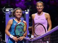 RIYADH, SAUDI ARABIA - NOVEMBER 06: Jasmine Paolini (L) of Italy and Quinwen Zheng (R) of China pose for a picture ahead of their match, on...