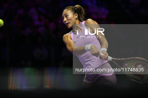 RIYADH, SAUDI ARABIA - NOVEMBER 06: Quinwen Zheng of China during her match against Jasmine Paolini of Italy, on Day 5 of the 2024 WTA Final...